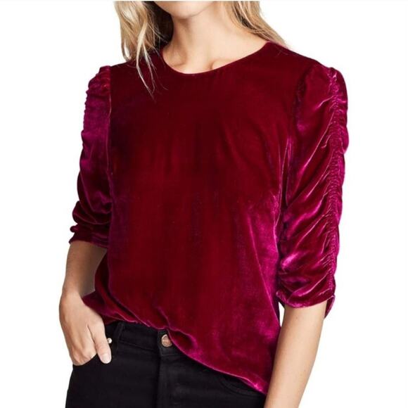 Rebecca Taylor Velvet Top Shirt Womens 6 Rasberry Pink Ruched Sleeves Dopamine - Picture 1 of 13
